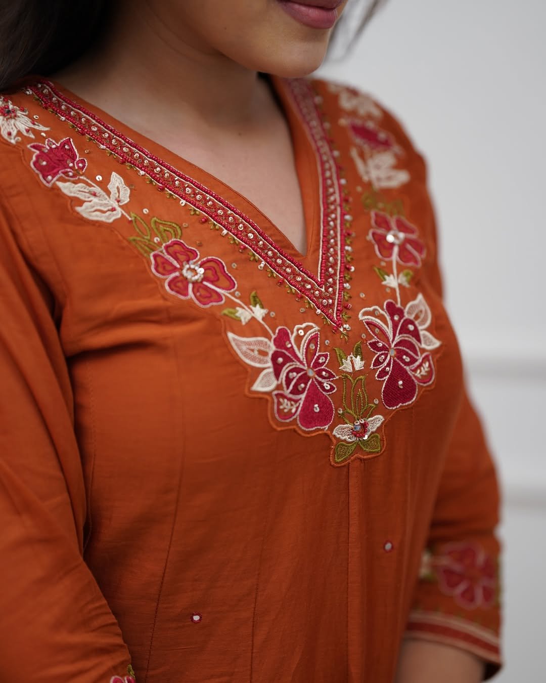 Orange Cotton Anarkali Suit Set with Mirror Work